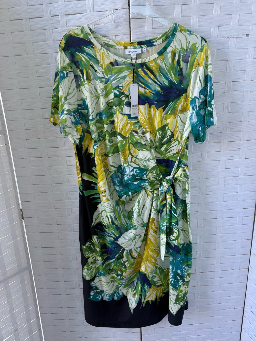 Chico's XL Floral Tie-Waist Short Sleeve Dress Cruise Vacation Travel NWT